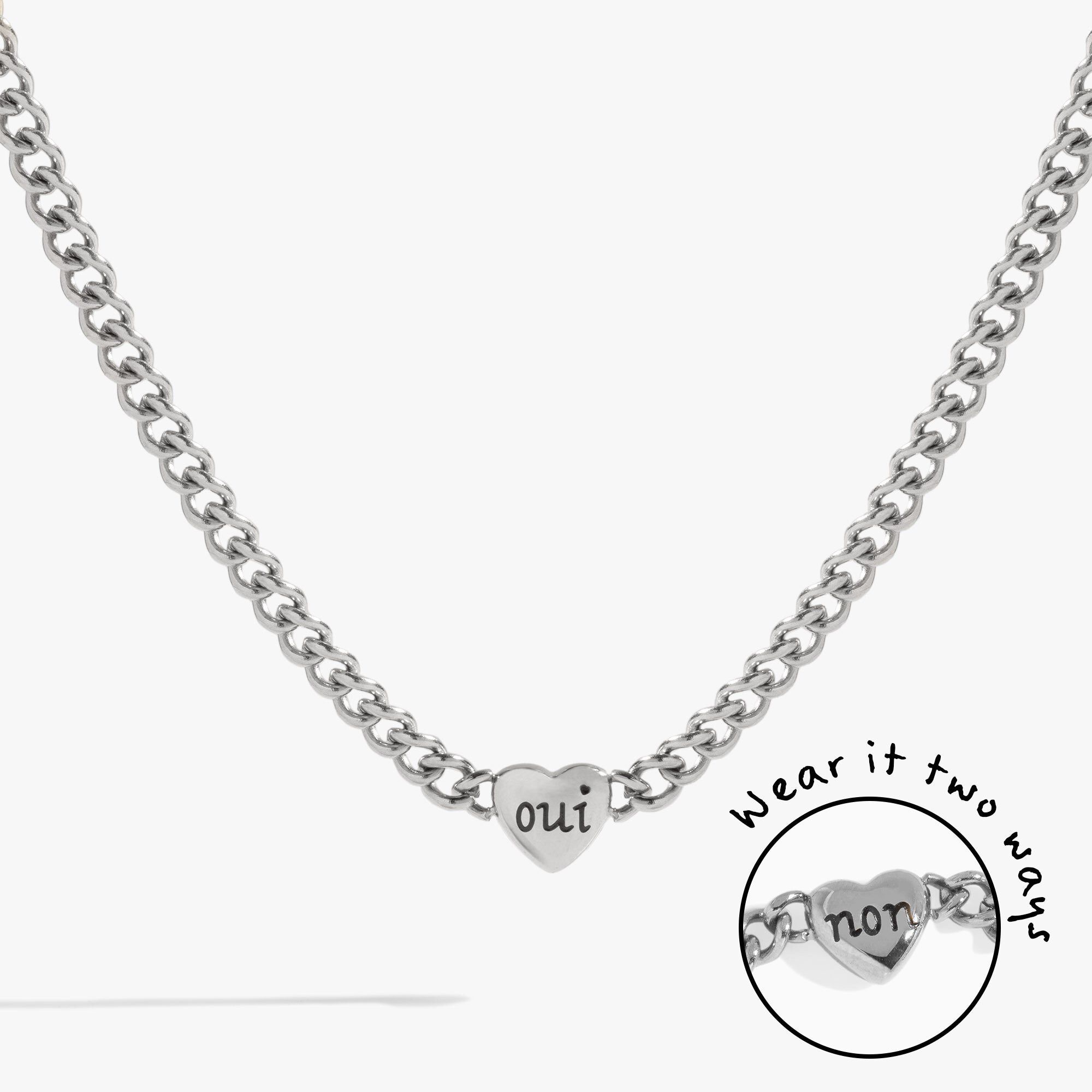 Engraved French &#39;Oui&#39; & &#39;Non&#39; Reversible Heart Necklace, Silver / Silver, hi-res image number 0