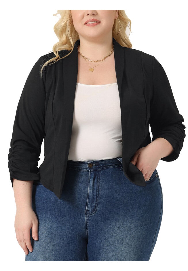 3/4 RUCHED SLEEVE LIGHTWEIGHT BLAZER JACKET, Black / Black, alternate image number 2
