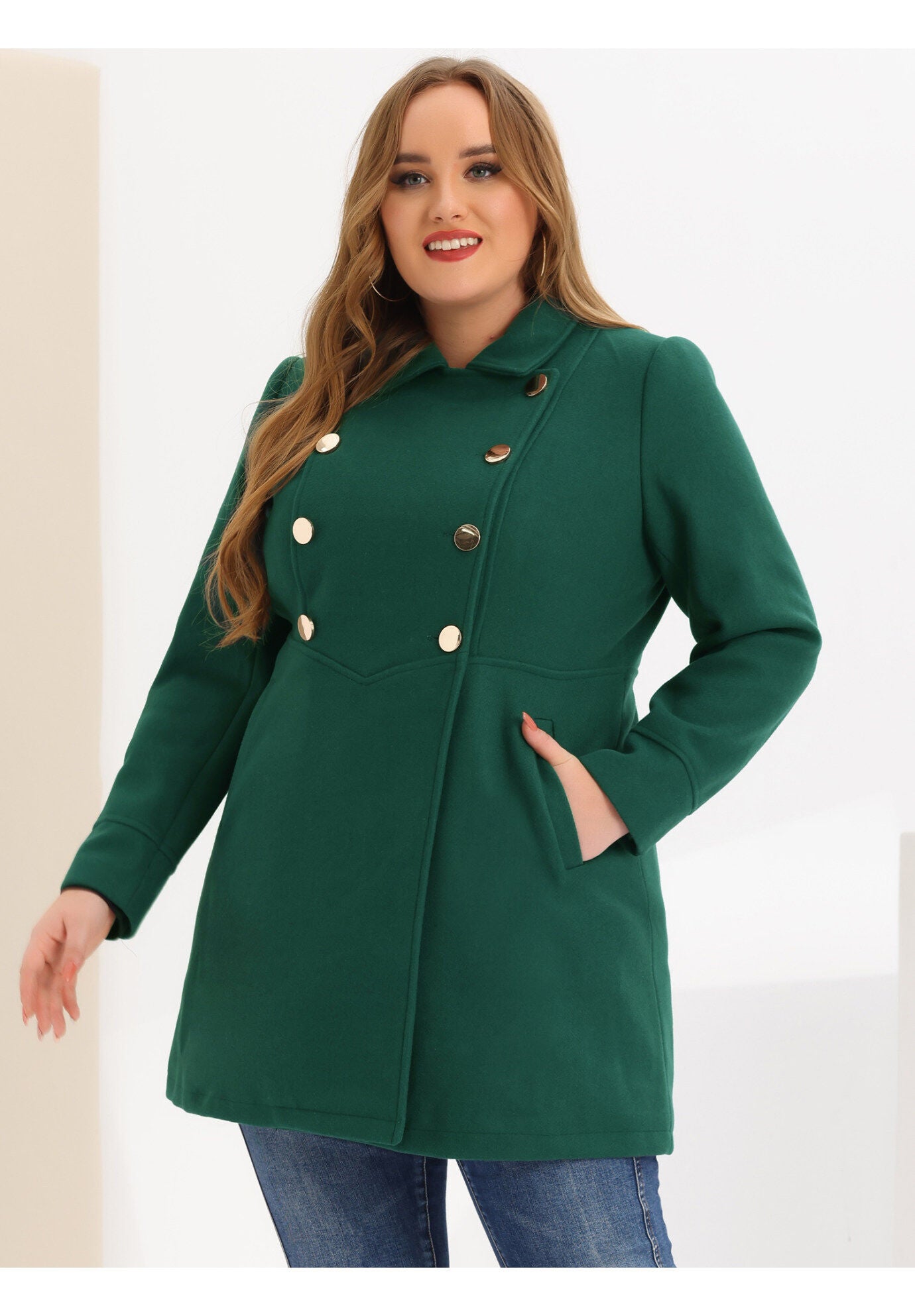 A-Line Peter Pan Collar Double Breasted Peacoat, Green / Forest Green, alternate image number 1