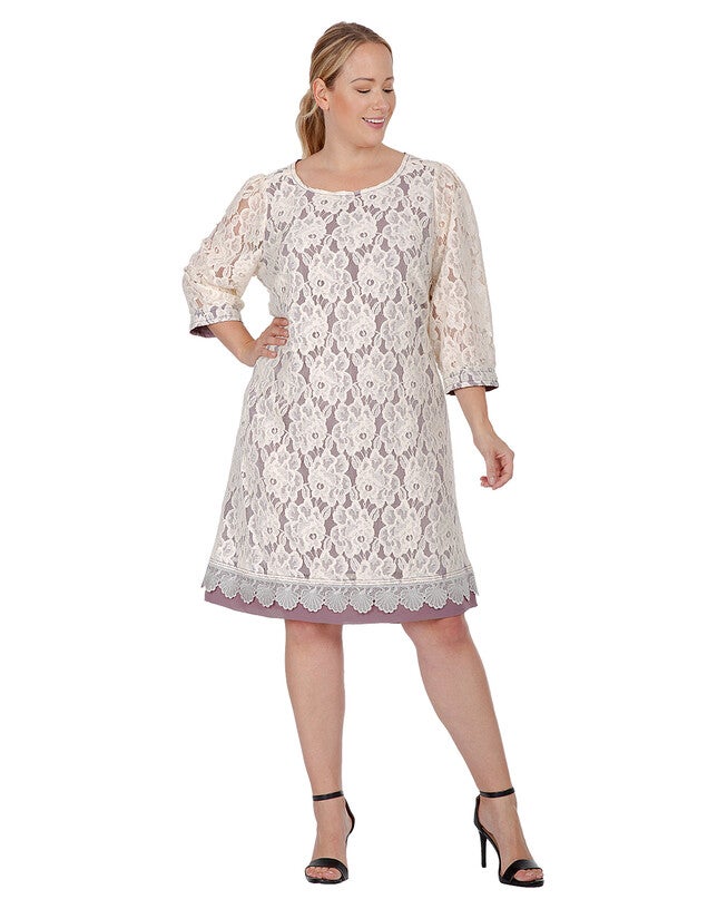 Everleigh Women's Plus Size Elegant Floral Lace Boat Neck 3/4 sleeve Midi Dress, Beige / Ivory, hi-res image number 0