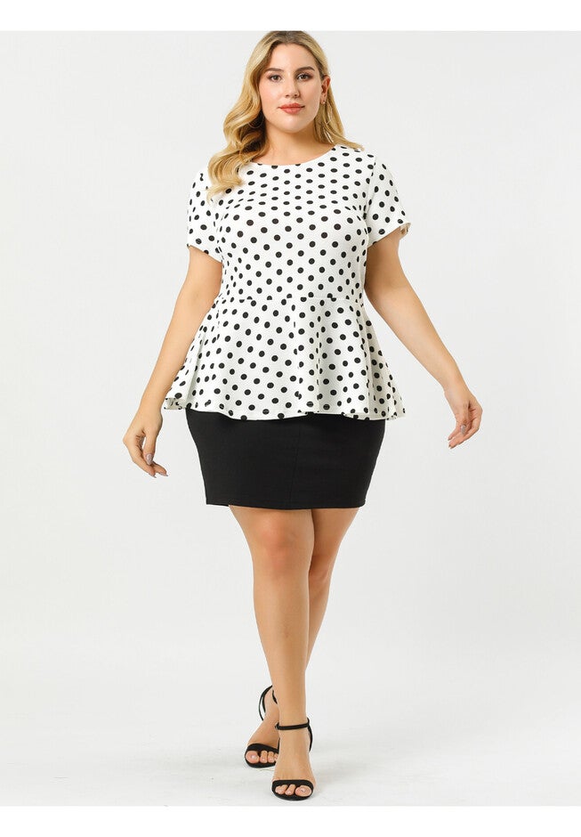 Casual Short Sleeve Polka Dots Peplum Tops Shirts, White / White, hi-res image number 0
