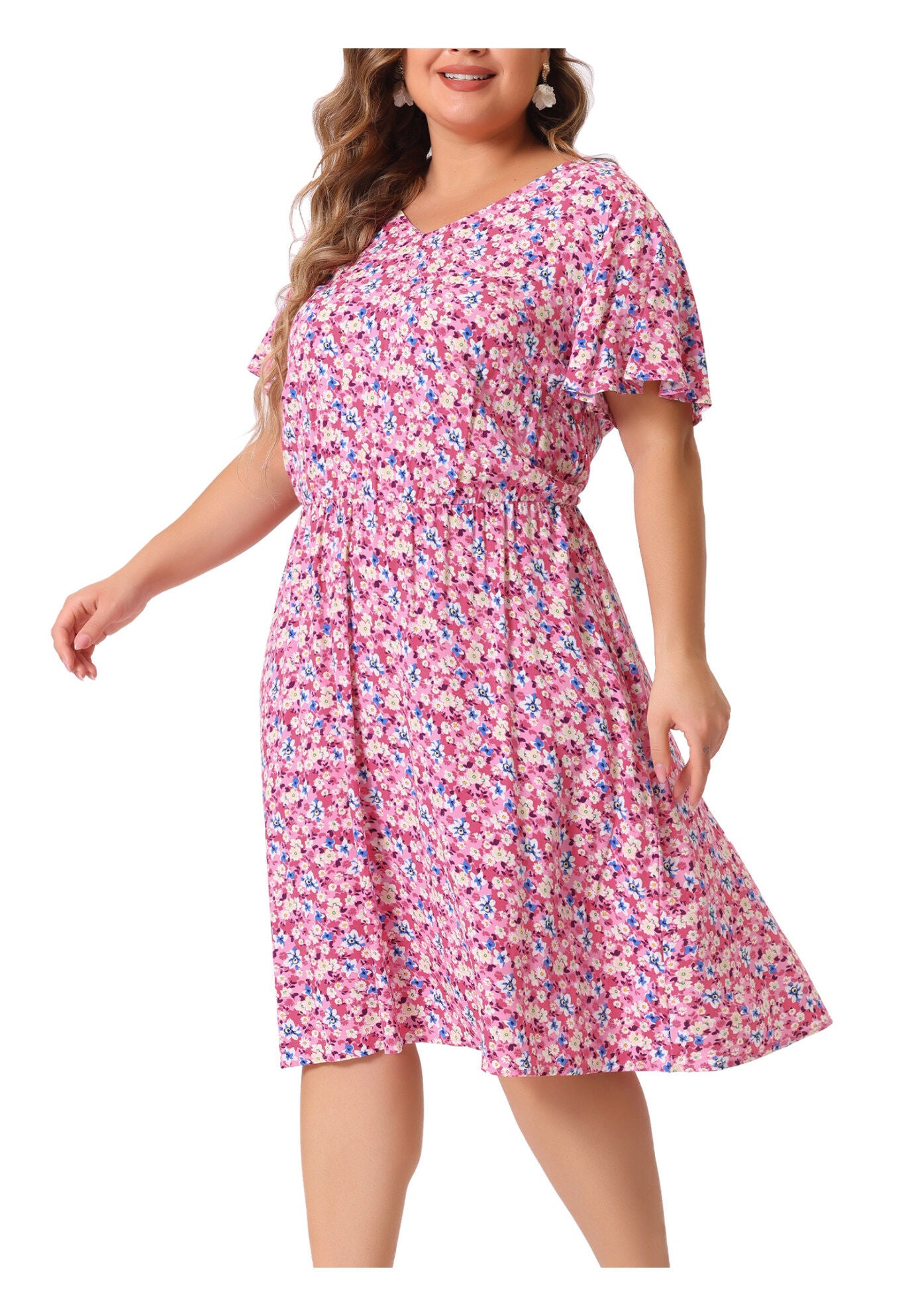 Summer V Neck Flare Sleeve Peplum Midi Ruffle Dress, Dark Pink / Pink, alternate image number 2