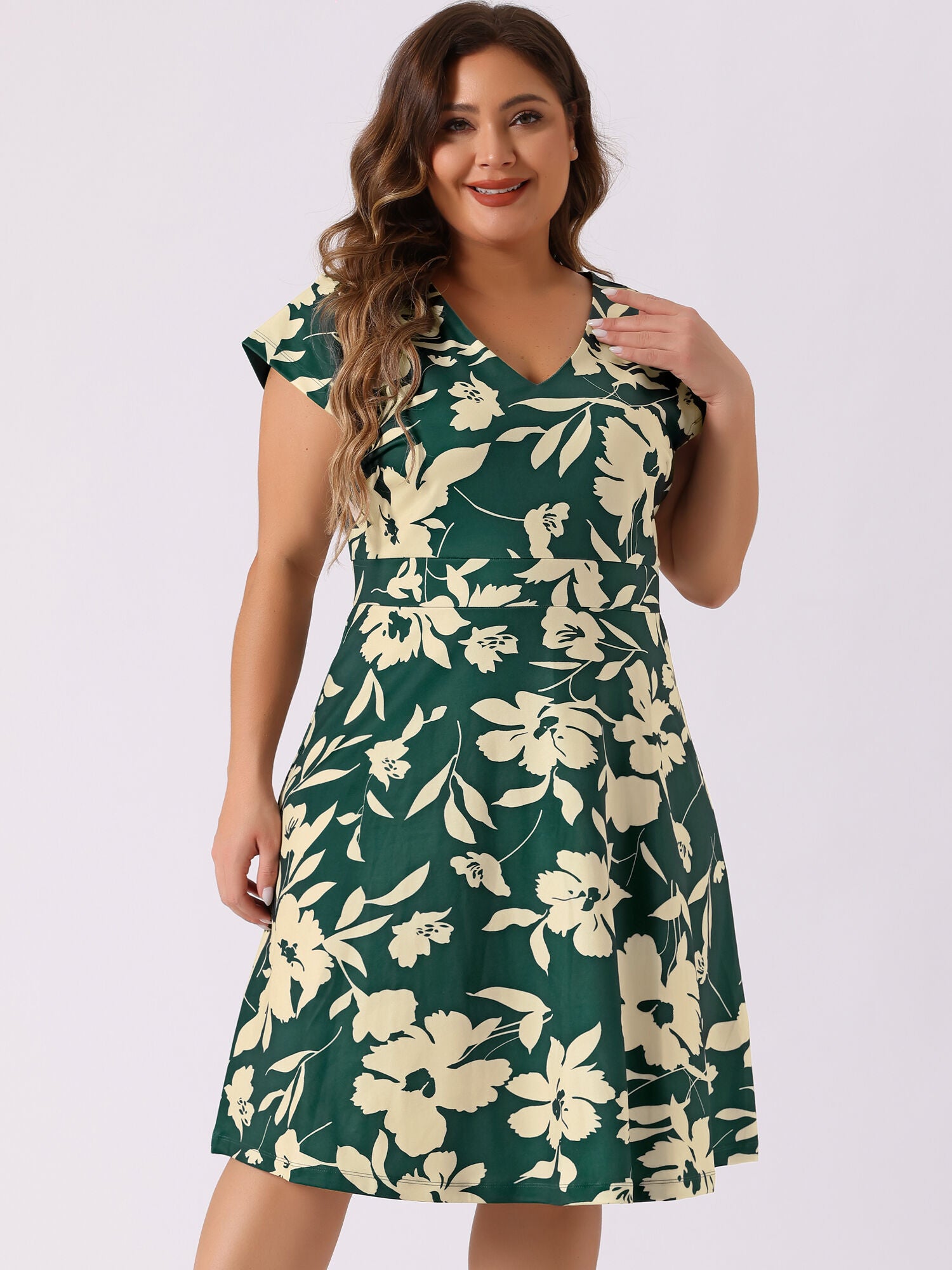 Deep V Neck Above Knee Cap Sleeve Floral Dress, Dark Green / Hunter Green, alternate image number 1