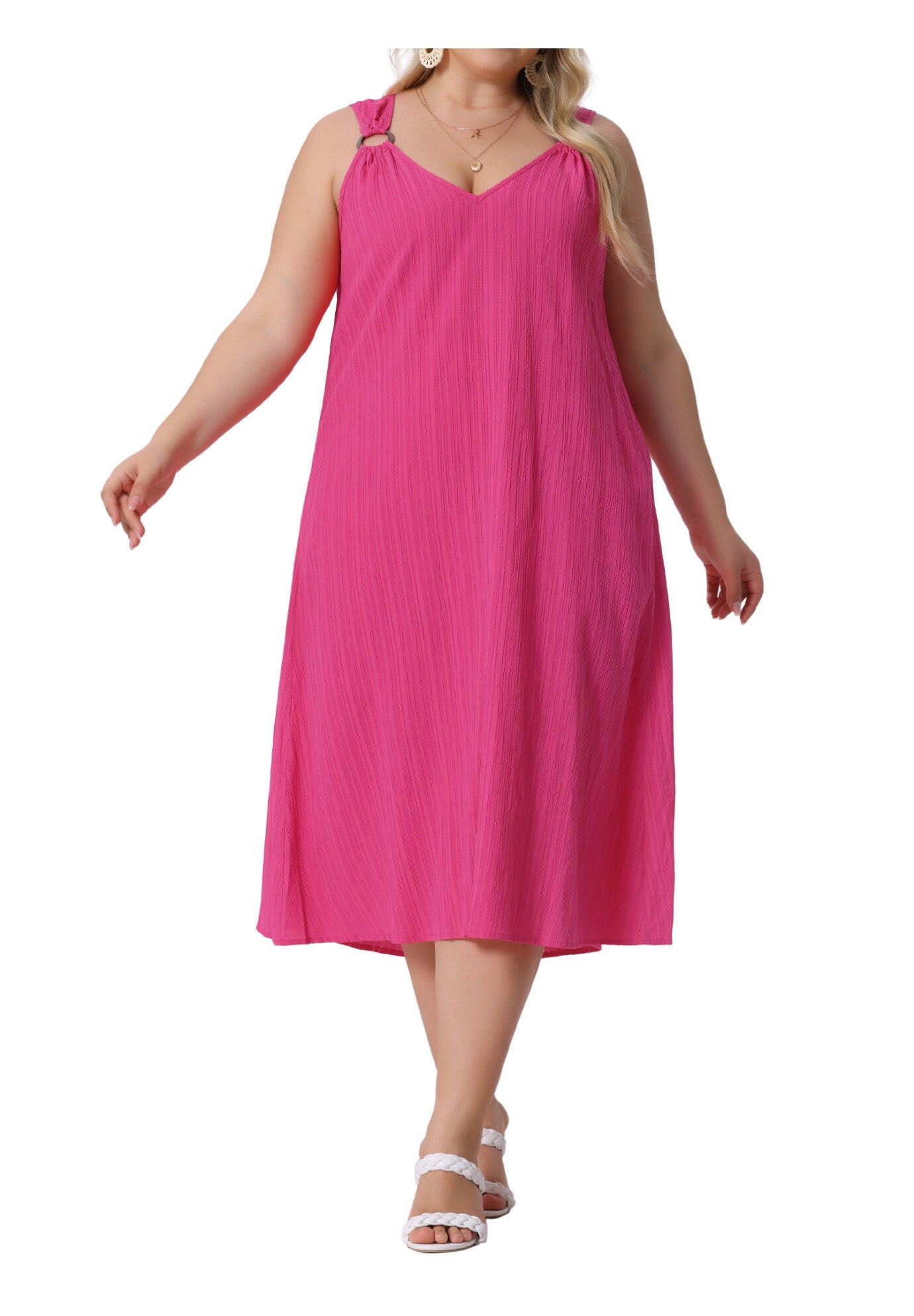 Summer Ring Strap Loose V Neck Sleeveless Sundress, Hot Pink / Deep Fuchsia, alternate image number 1