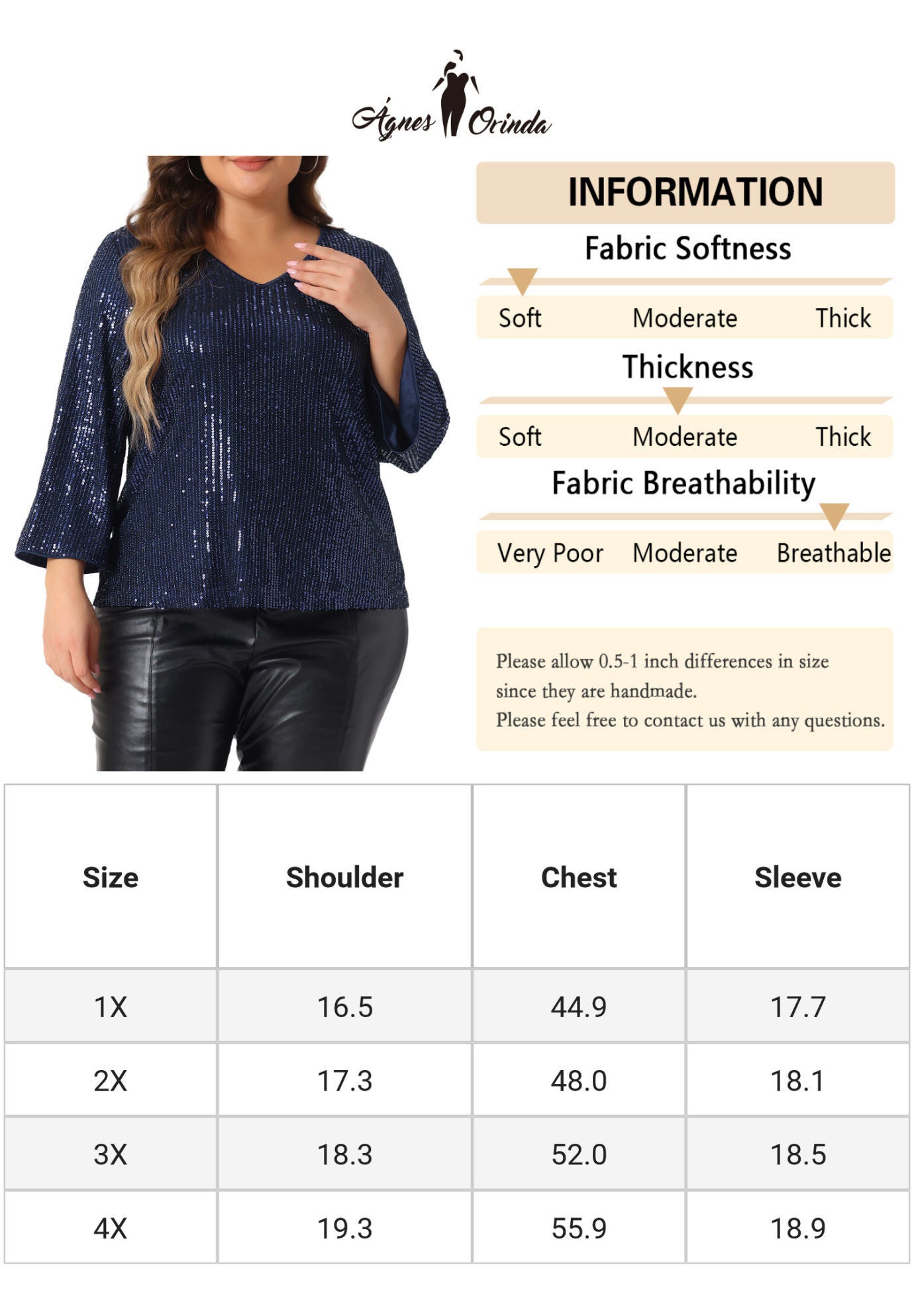 Sequin 3/4 Sleeve V Neck Glitter Top, Navy Blue / Navy, alternate image number 4