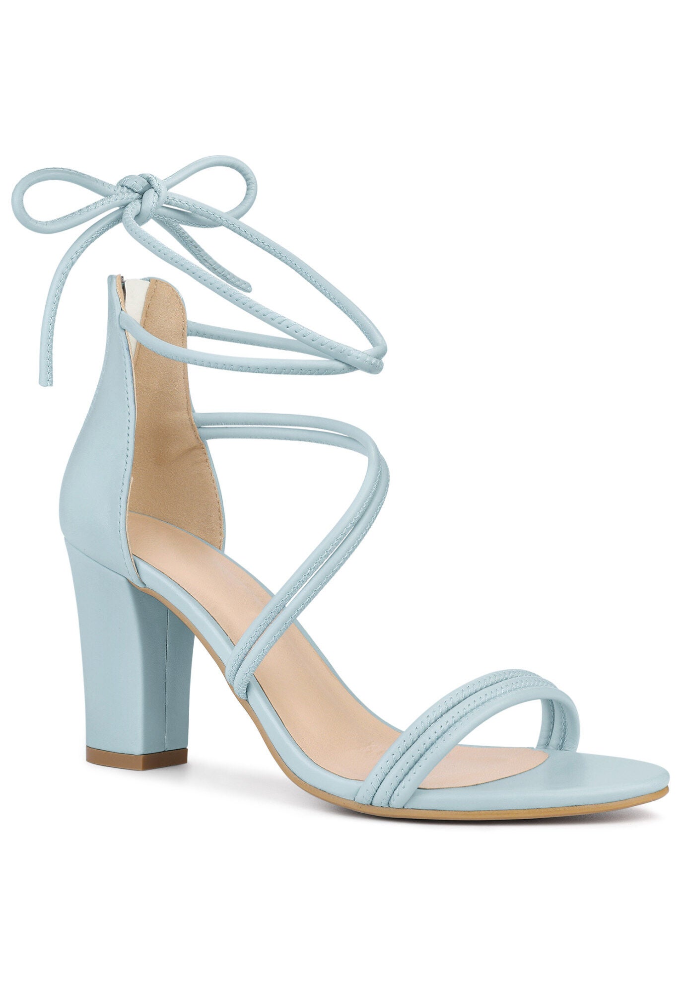 Open Toe Strappy Lace Up Chunky Heel Sandals, Sky Blue / Light Blue, hi-res image number 0