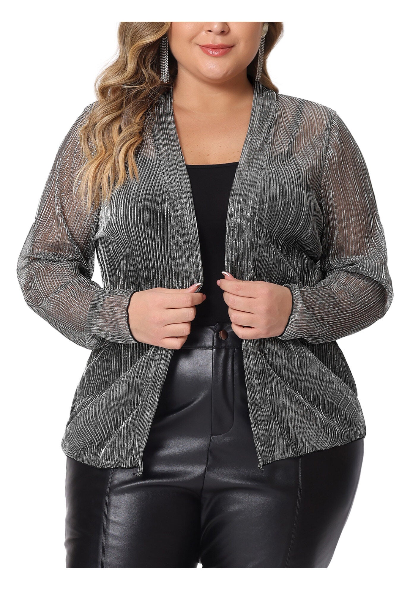 SHEER OPEN FRONT LONG SLEEVE GLITTER OUTWEAR, Silver / Silver, alternate image number 2