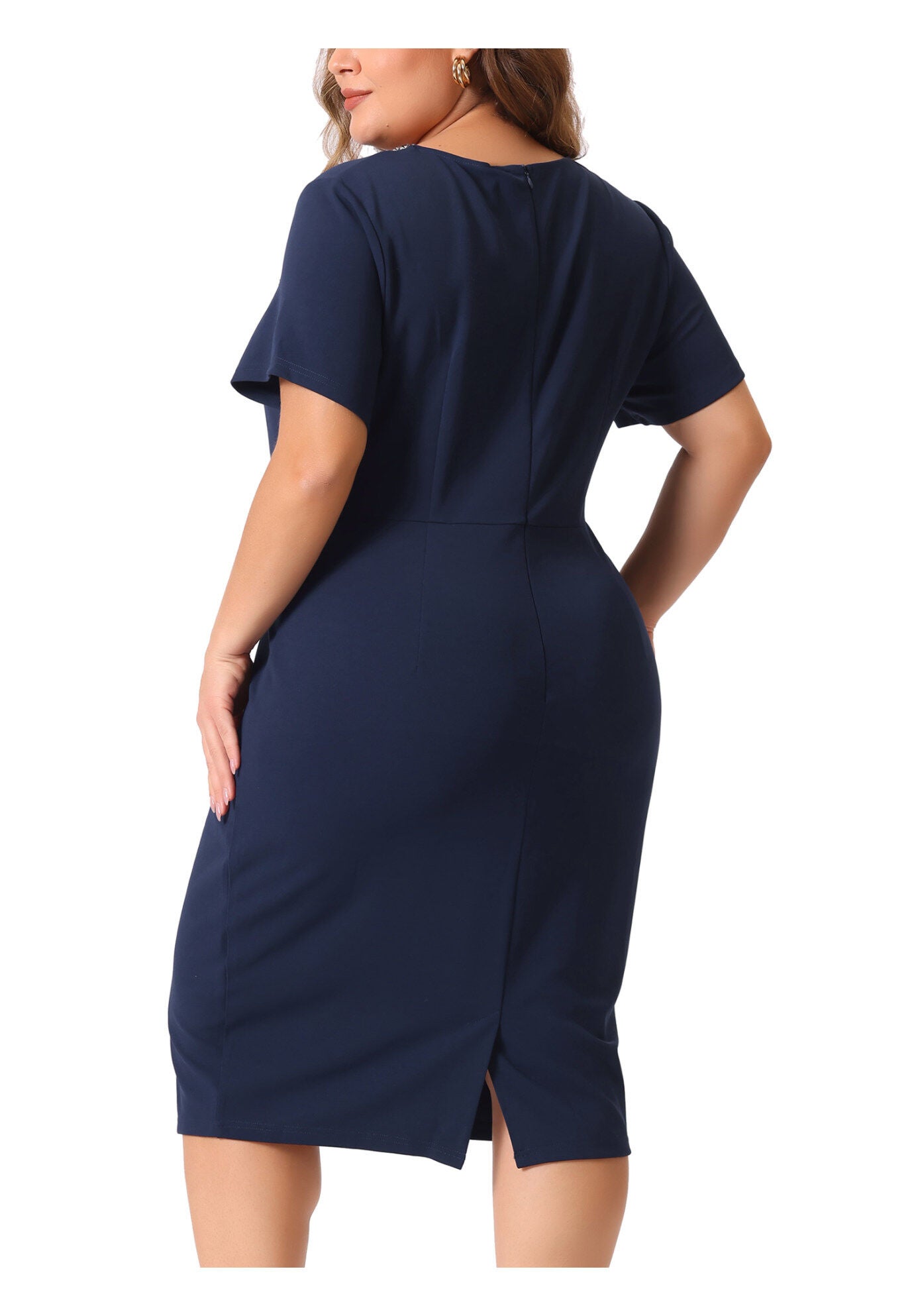 Button Crew Neck Bodycon Pencil Dress, Navy Blue / Black, alternate image number 3