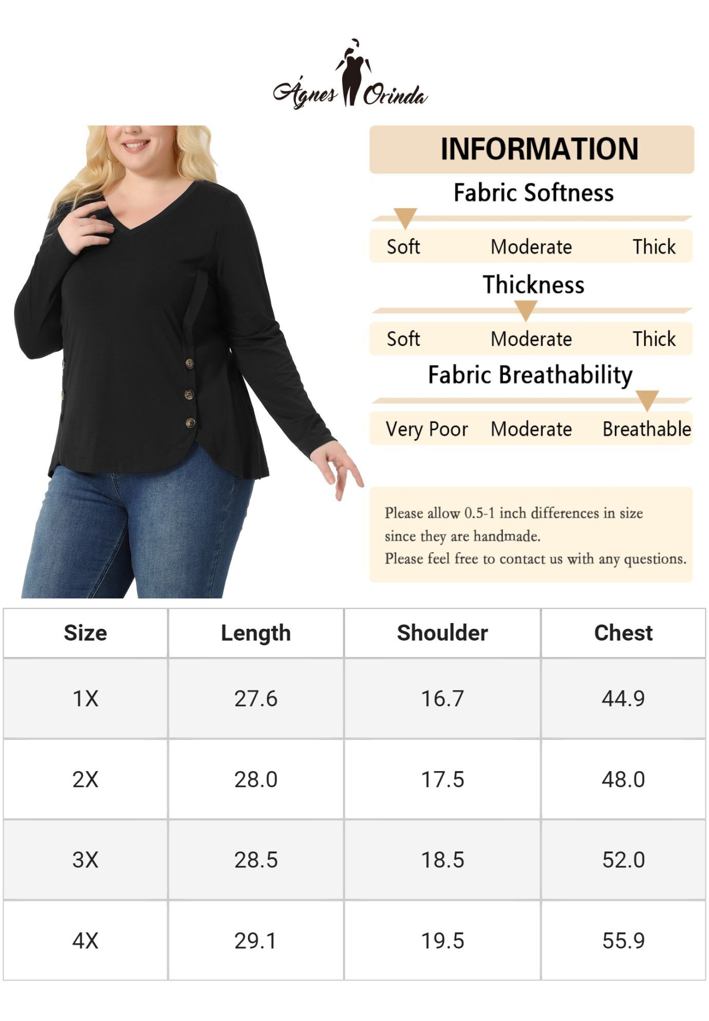 LONG SLEEVE TUNIC TOP V NECK LOOSE T SHIRT, Black / Black, alternate image number 4