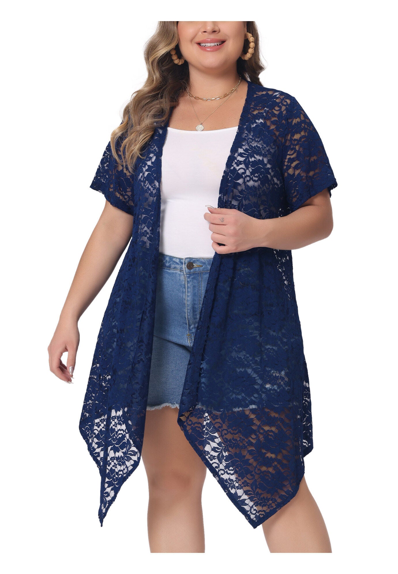 Lace Crochet Cardigan Open Front Short Sleeves Sheer Cover Up, Royal Blue / Royal Blue, alternate image number 2