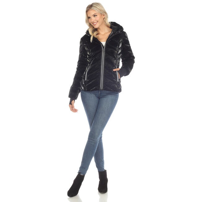 Women's Midweight Quilted Contrast With Thumbholes Hooded Jacket, Black / Black, alternate image number null