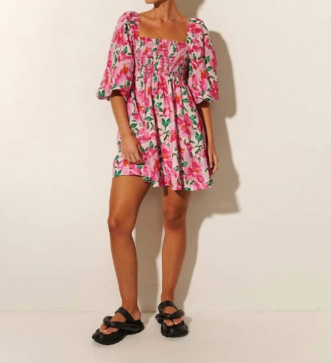 ANTONIA SHIRRED MINI DRESS IN PINK, Pink / Pink, hi-res image number null