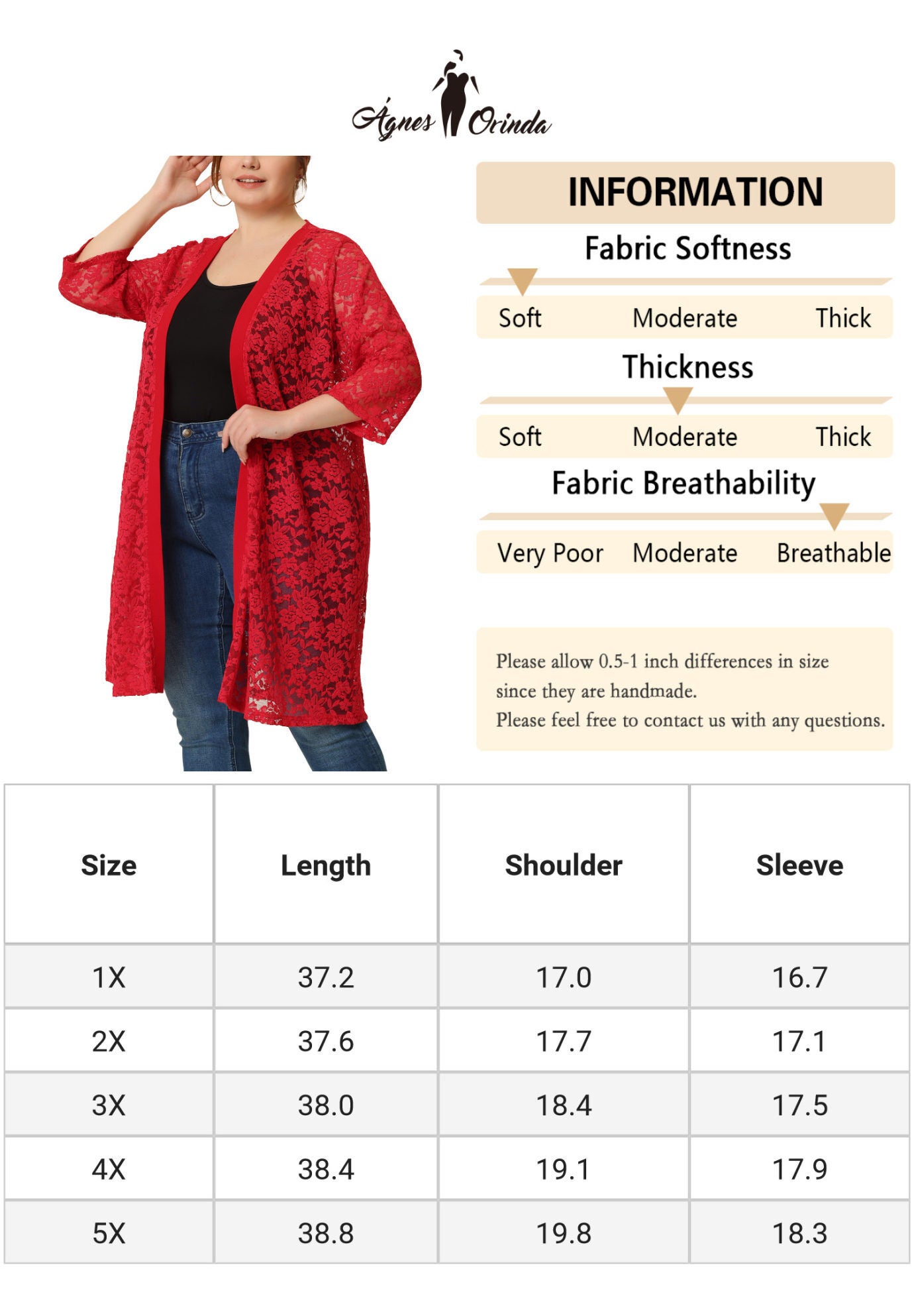 LACE CROCHET 3/4 SLEEVE COVER UP CARDIGAN, Red / Red, alternate image number 4