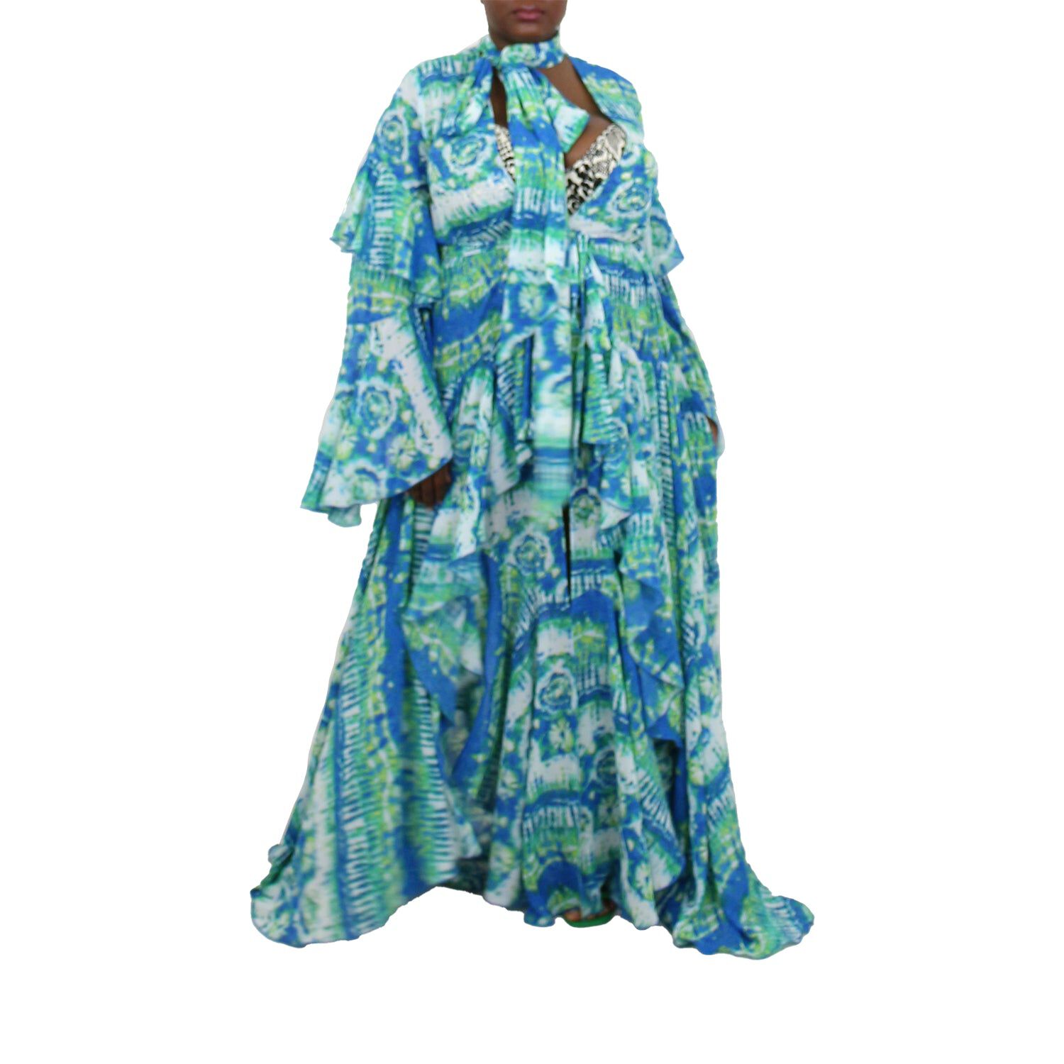 Korinne Deluxe Kaftan With Neck Tie Blue & Green Batik Print, Blue / Azure Blue, alternate image number 1