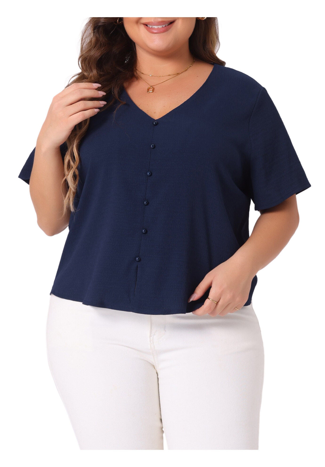 V Neck Short Sleeve Shirt with Split Hem, Navy Blue / Navy, alternate image number 4