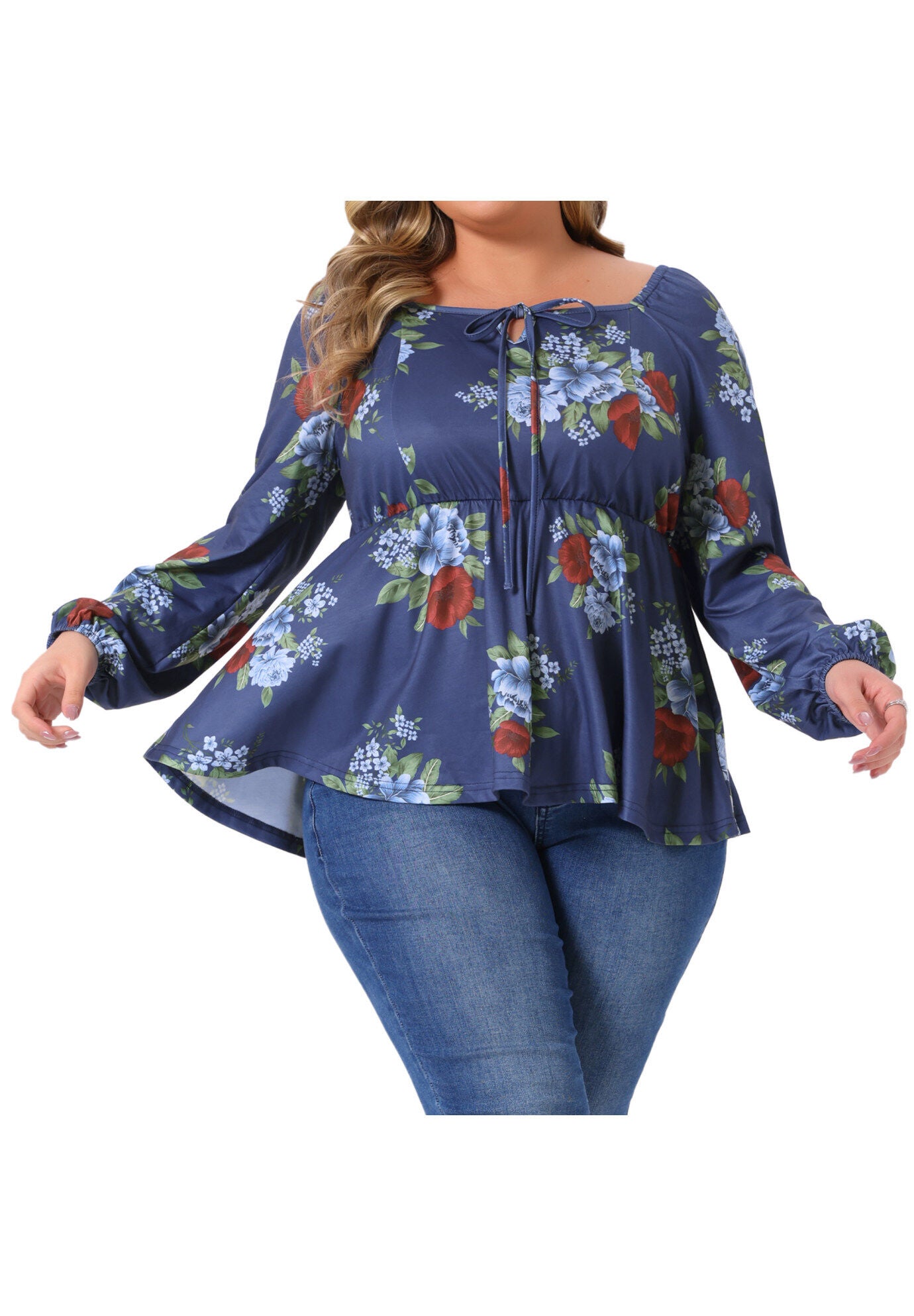 Sweetheart Neckline Long Sleeve Floral Peplum Top, Blue / Navy, alternate image number 2