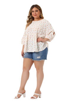 Floral Blouse Cut Out 3/4 Sleeve Babydoll Peplum Top