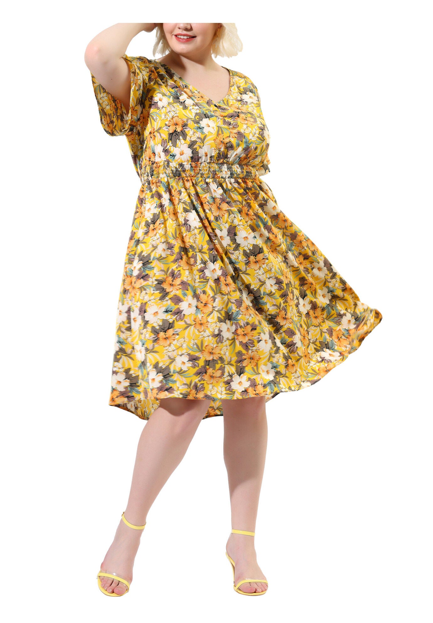 Summer Elastic Waist V Neck Short Sleeve Floral Midi Dress, Yellow / Yellow, alternate image number 2