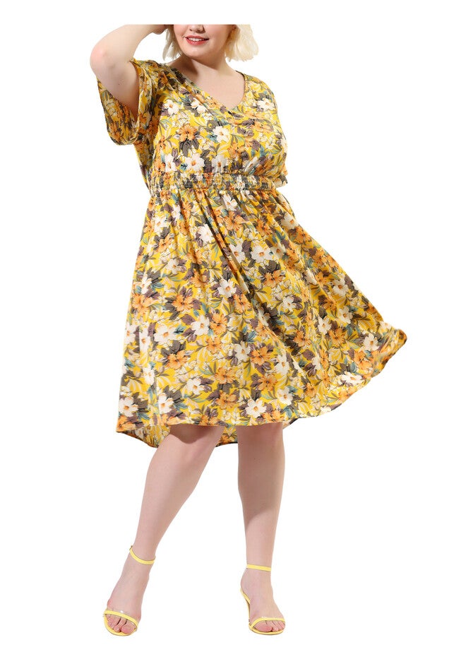 Summer Elastic Waist V Neck Short Sleeve Floral Midi Dress, Yellow / Yellow, alternate image number 2