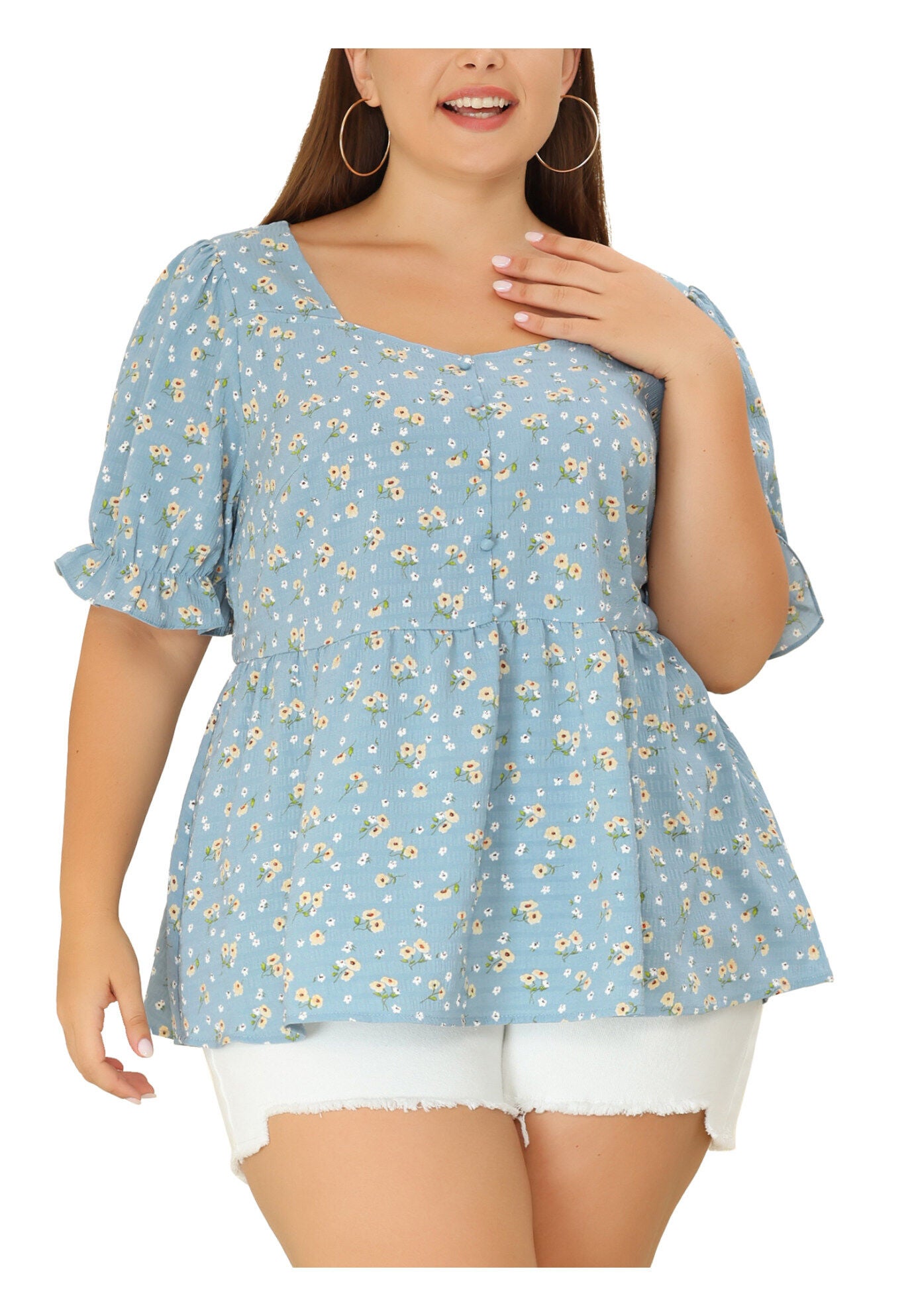 Sweetheart Neck Floral Peplum Top, Blue / Light Blue, alternate image number 2