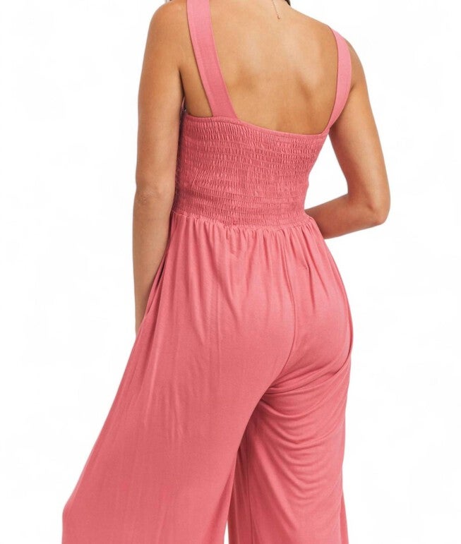 SLEEVELESS SMOCKED MATERNITY JUMPSUIT WITH POCKETS, Coral / Coral, alternate image number 2