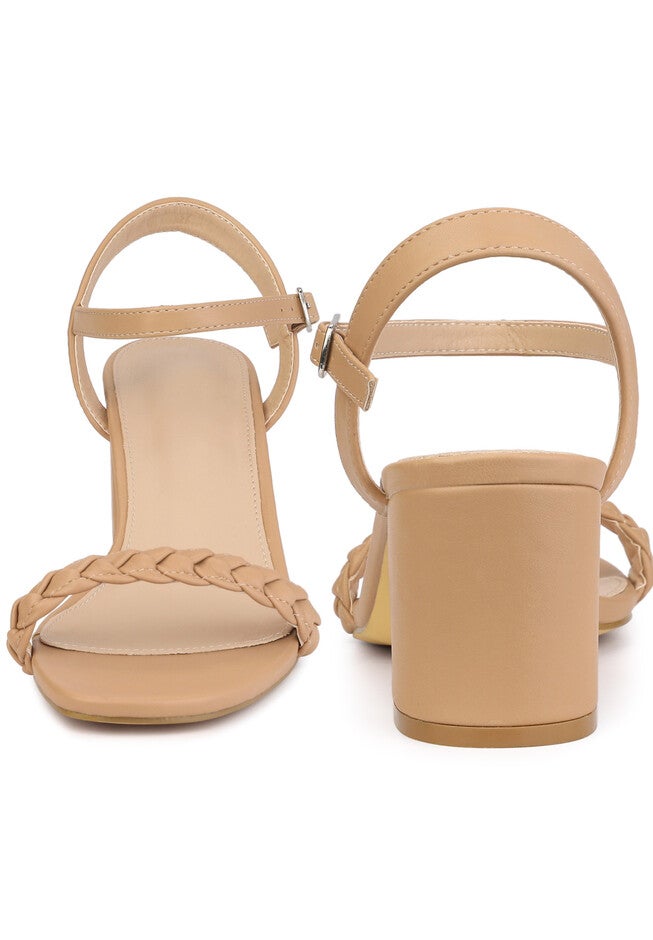 Square Toe Woven Braided Chunky Heel Sandals, Nude / Tan, alternate image number 2