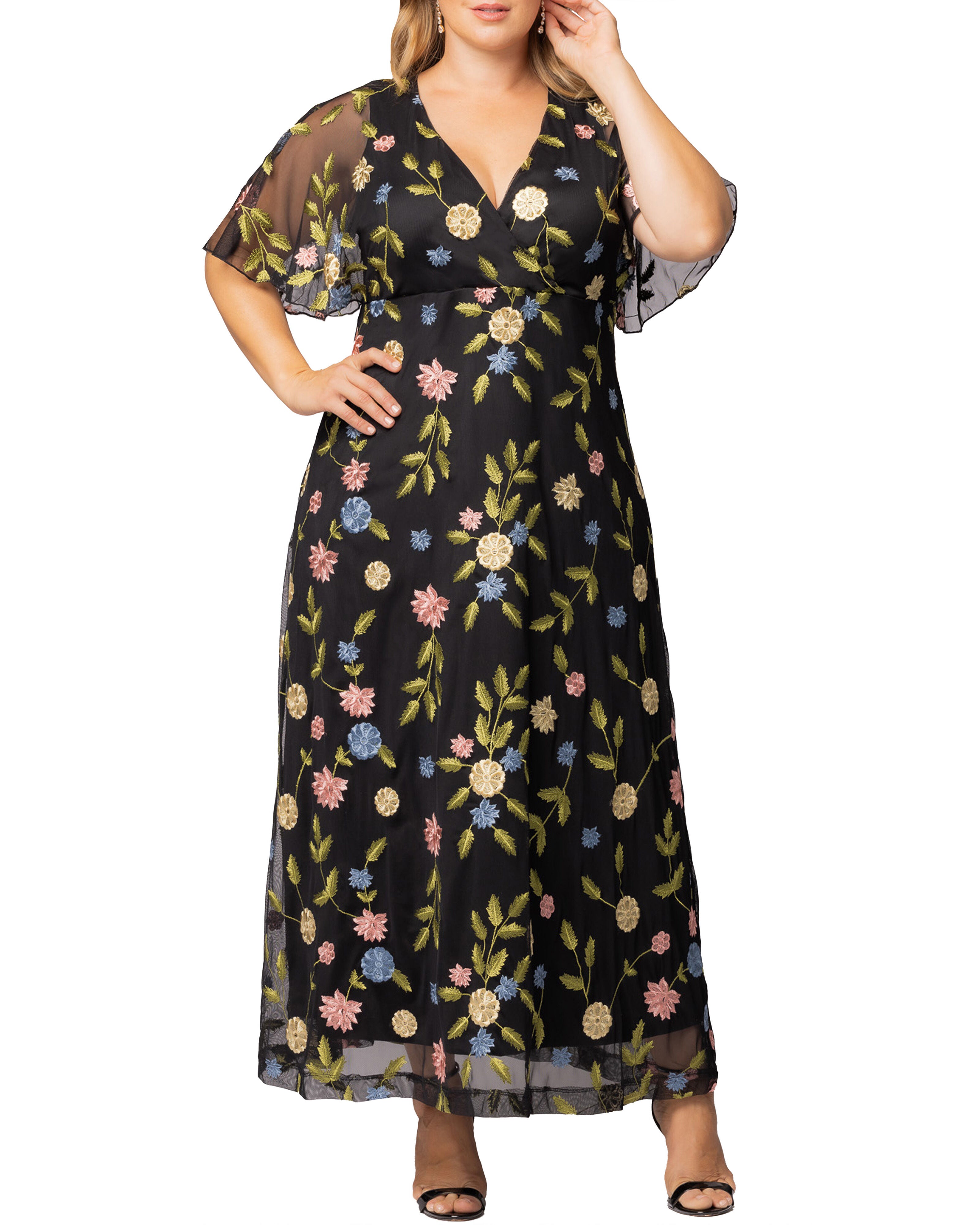 Embroidered Elegance Evening Gown, BLACK BLOSSOM PRINT / Black, hi-res image number 0