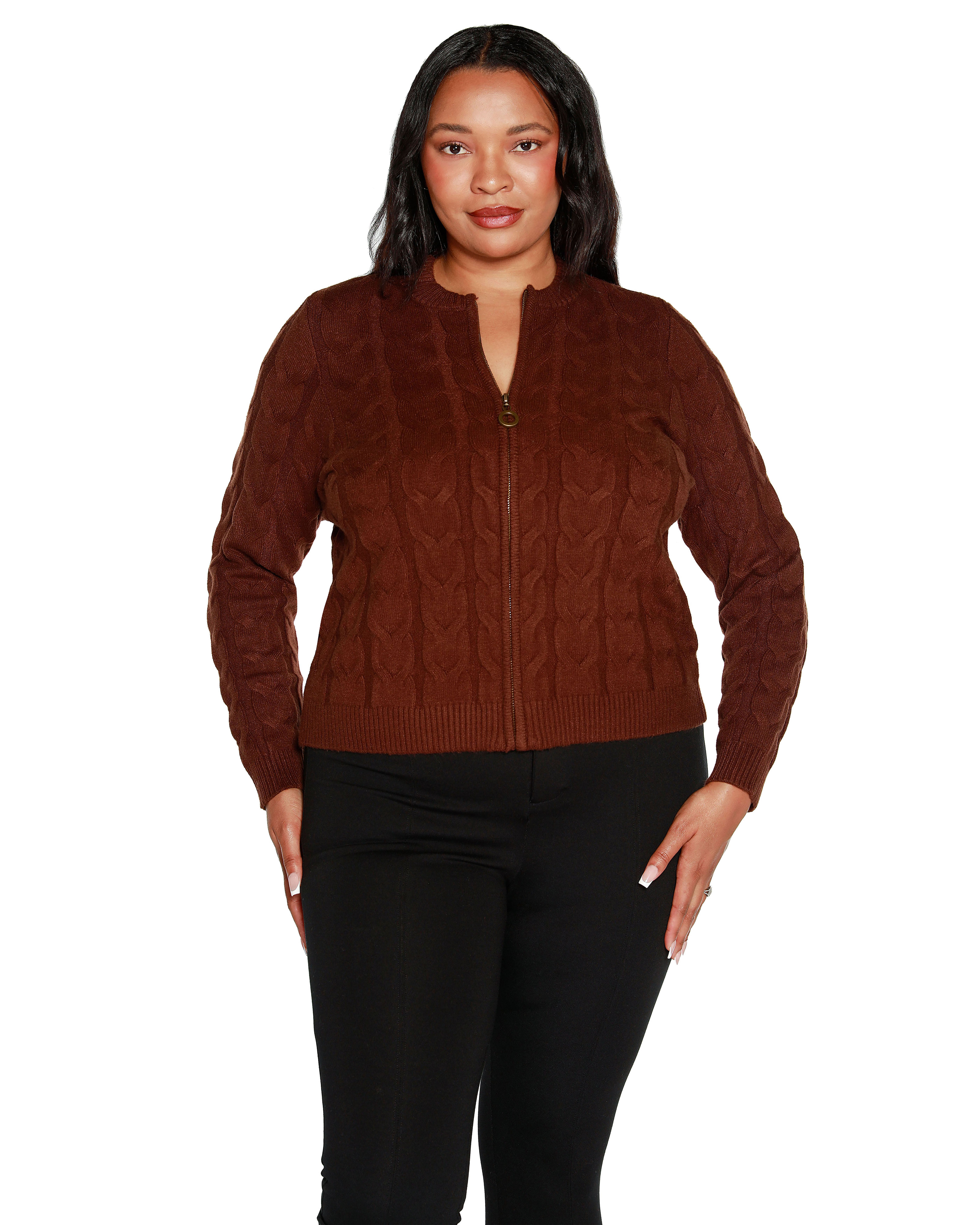 ZIP CABLE SWEATER, Coffee Bean / Brown, hi-res image number 0
