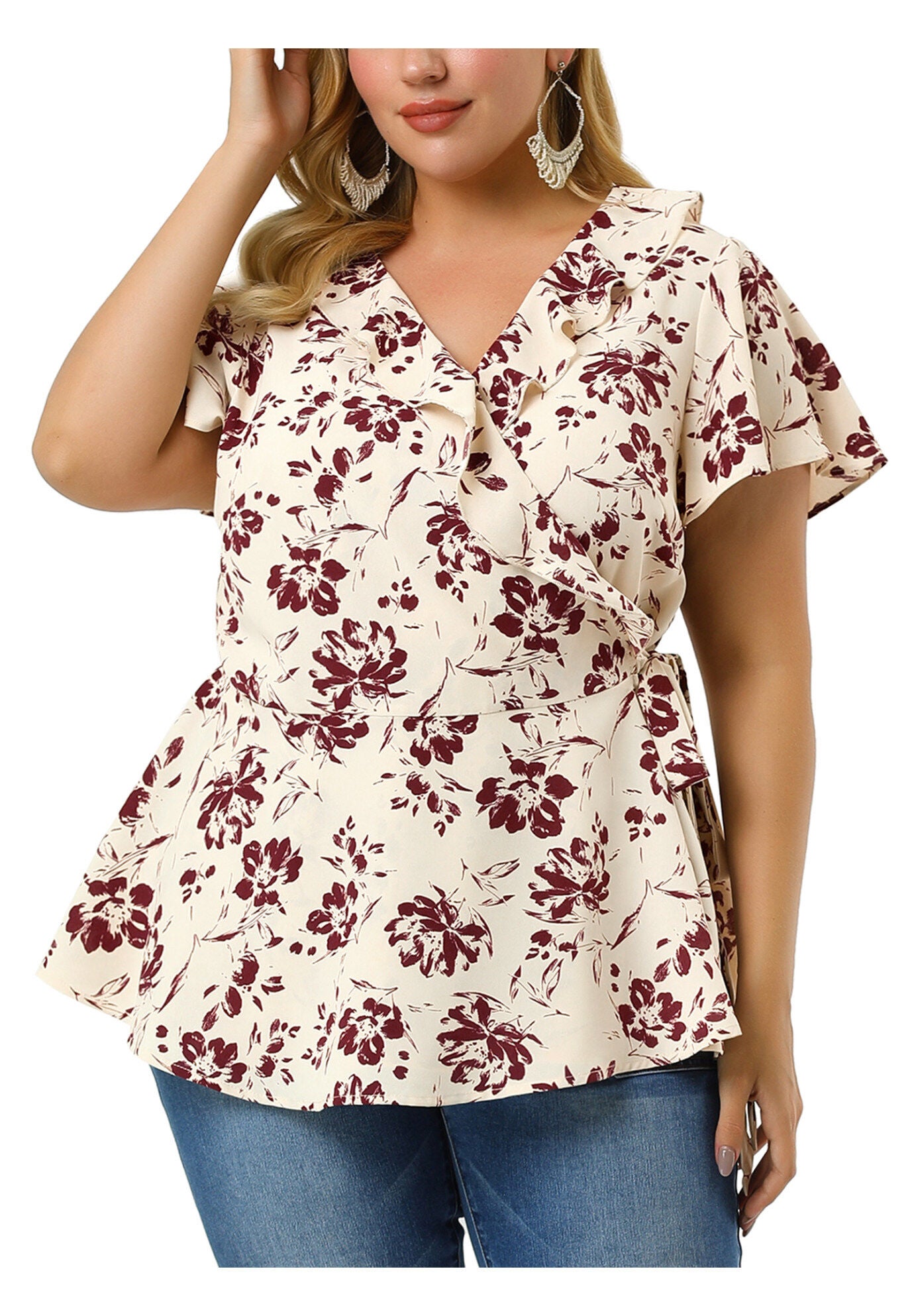 Wrap V Neck Tie Waist Ruffle Sleeve Blouse Summer Floral Top, Beige / Beige, alternate image number 1