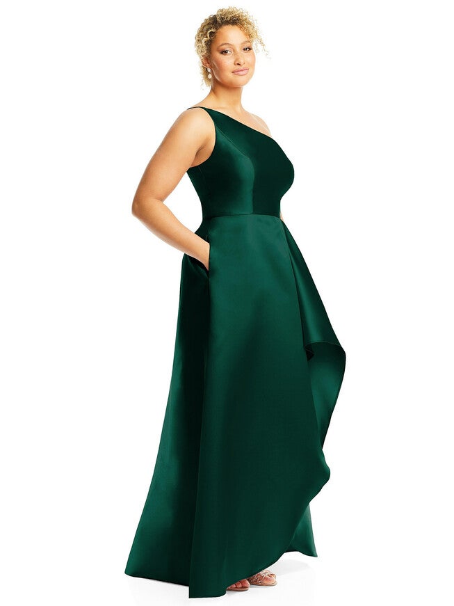 One-Shoulder Satin Gown with Draped Front Slit and Pockets, Hunter Green / Hunter Green, alternate image number 3