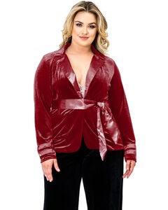 Plus Size Lottie Stretch Velvet Wrap Smoking Jacket With Satin Lapel And Satinbelt