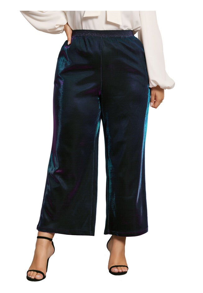 METALLIC SPARKLY ELASTIC WAIST WIDE LEG PALAZZO PANTS, Purple Blue / Purple, alternate image number null