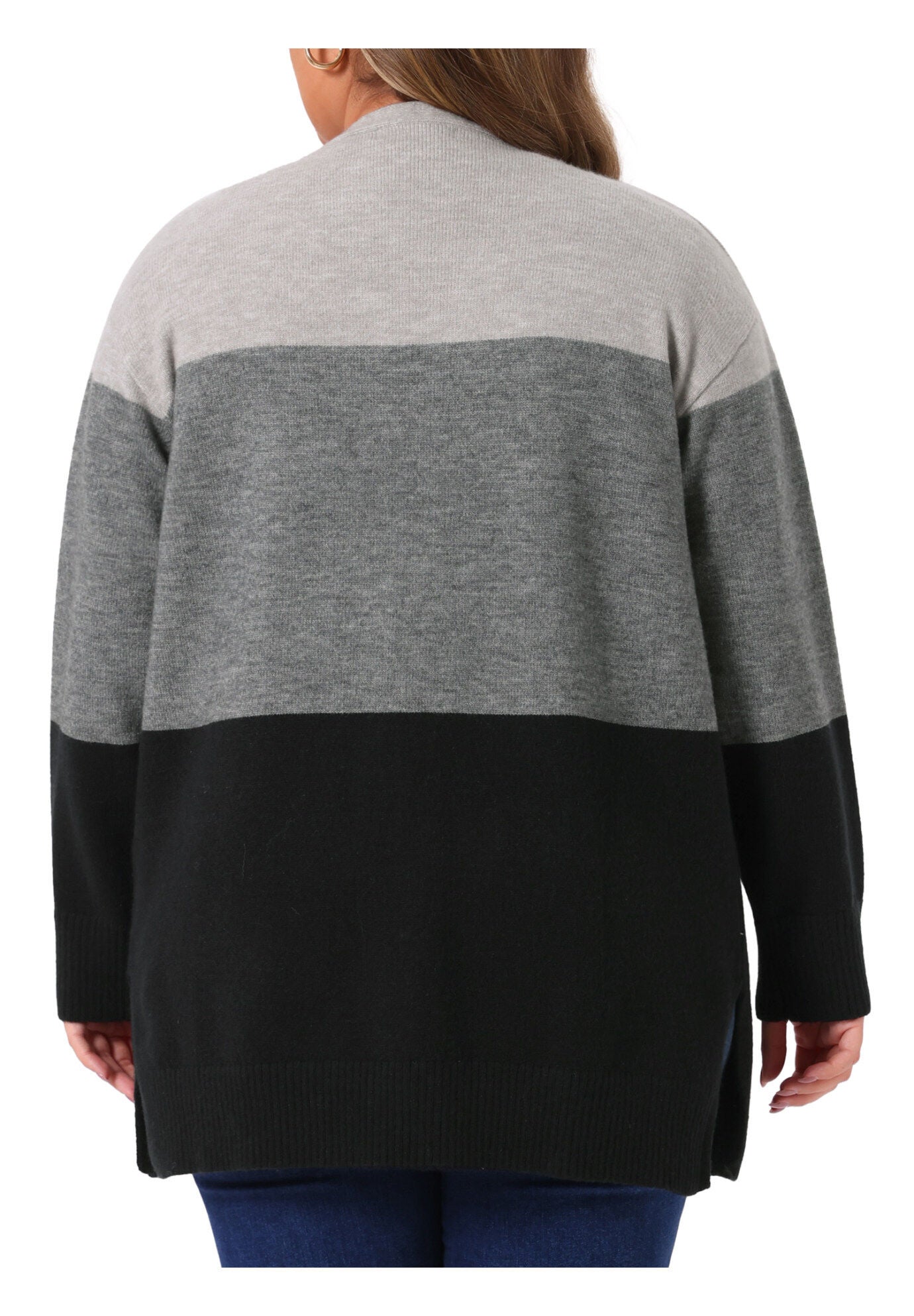 Striped Color Block Long Sleeve Knit Cardigan, Black Grey / Black, alternate image number 3