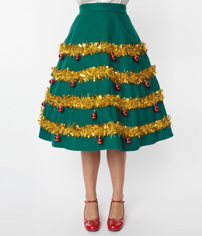 Unique Vintage Green & Gold Tinsel & Ornament Soda Shop Swing Skirt, Green Gold Tinsel Ornament / Forest Green, alternate image number null