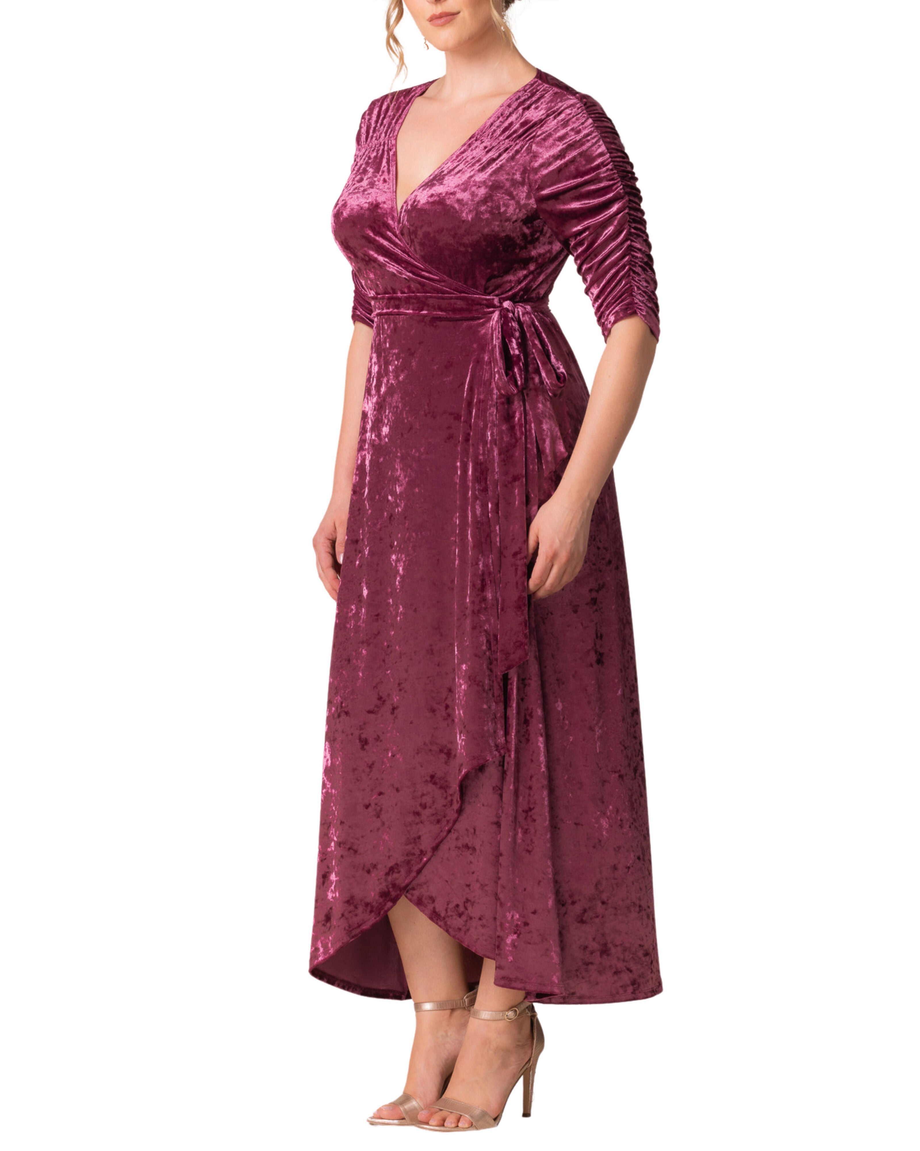 Cara Velvet Long Wrap Gown, SUGAR PLUM / New Wine, alternate image number 3