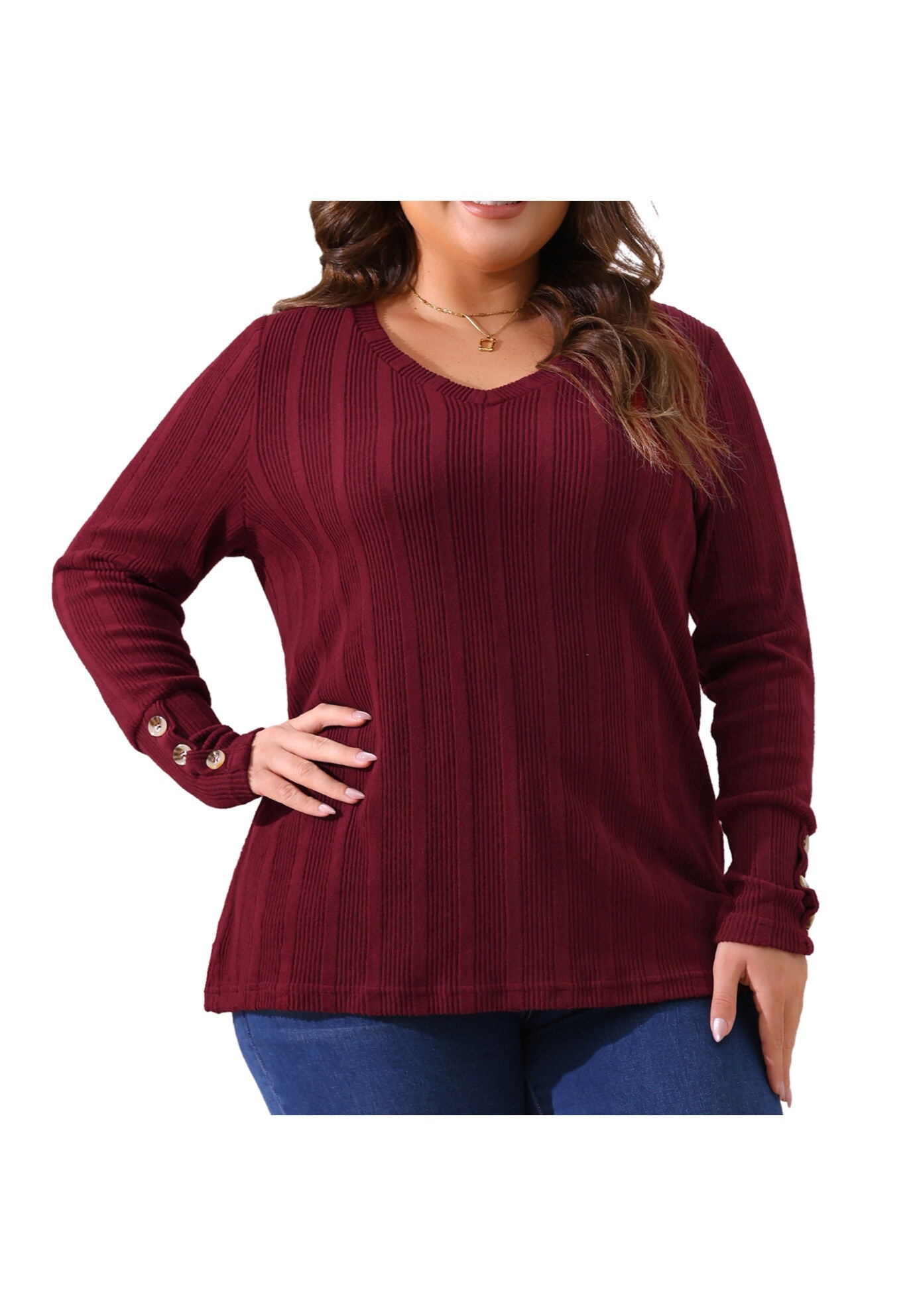 V Neck Button Stretchy Pullover Sweater Knit Top, Burgundy / Burgundy, alternate image number 2