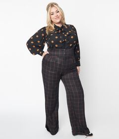 Unique Vintage Black & Orange Windowpane Thelma Suspender Pants
