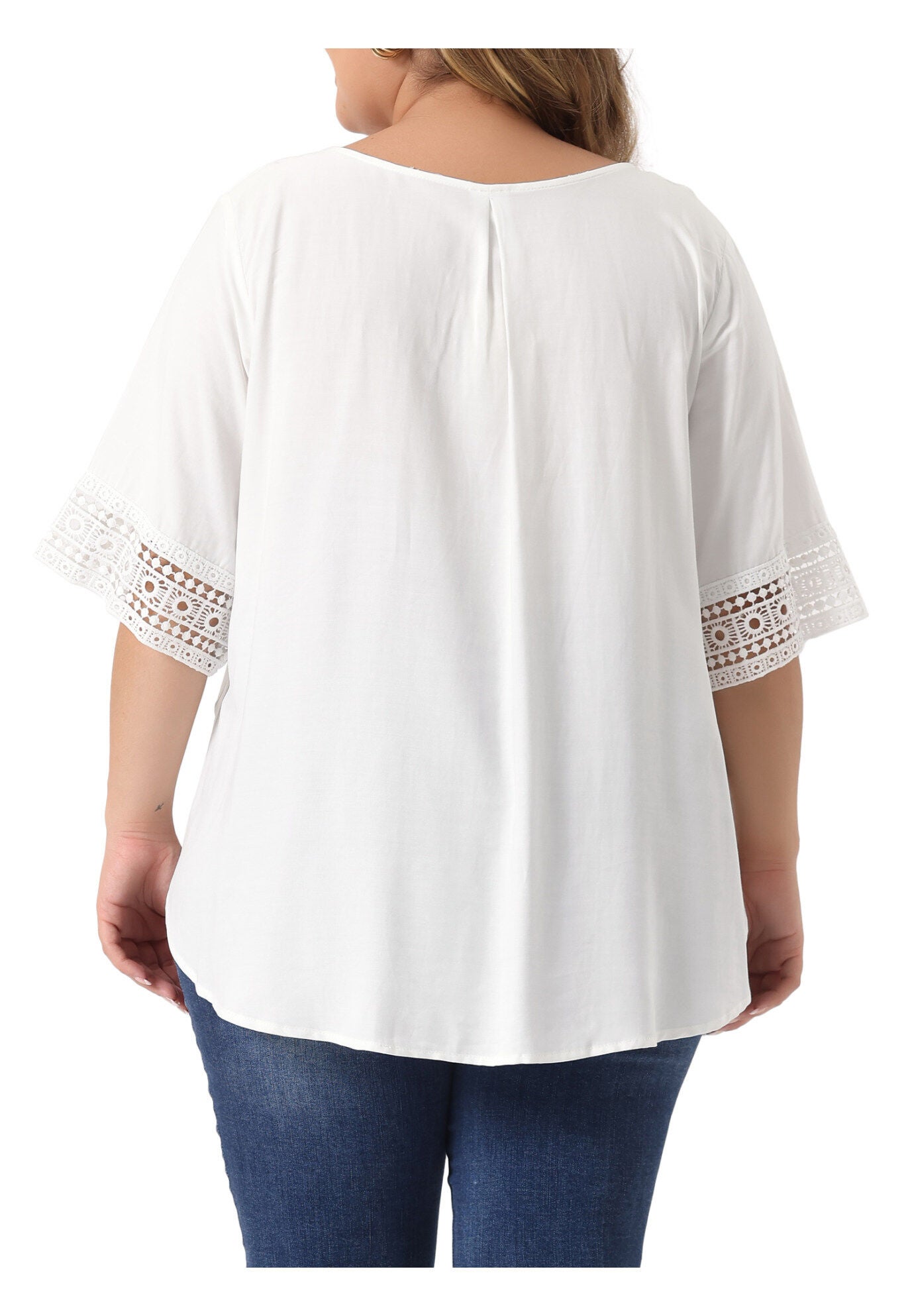 Crewneck Lace Crochet Short Sleeve Casual Loose Top, White / White, alternate image number 3
