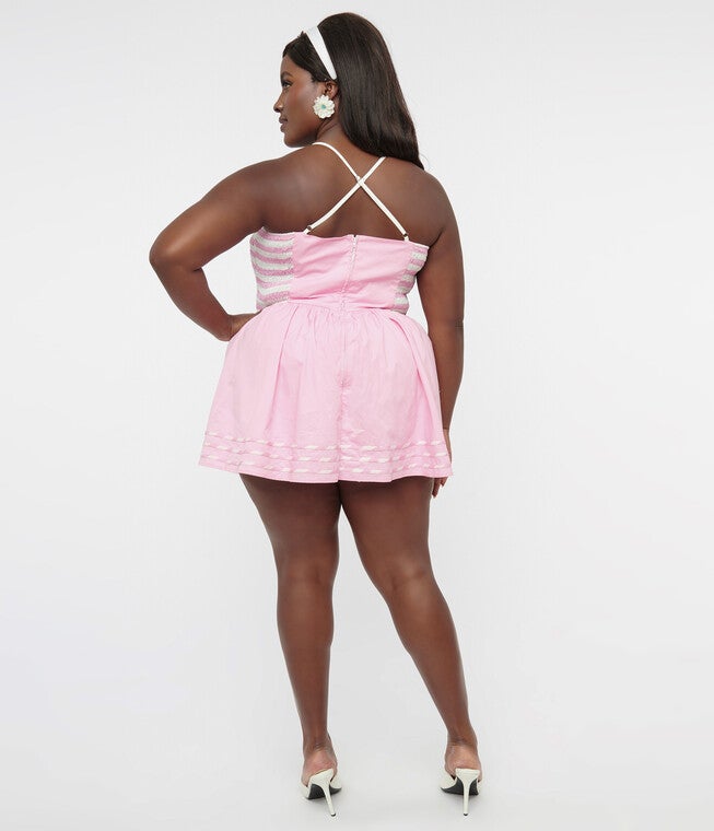 Unique Vintage 1940s Pink Heart Smocked Cotton Skirted Romper, Pink White / Pink, alternate image number 1