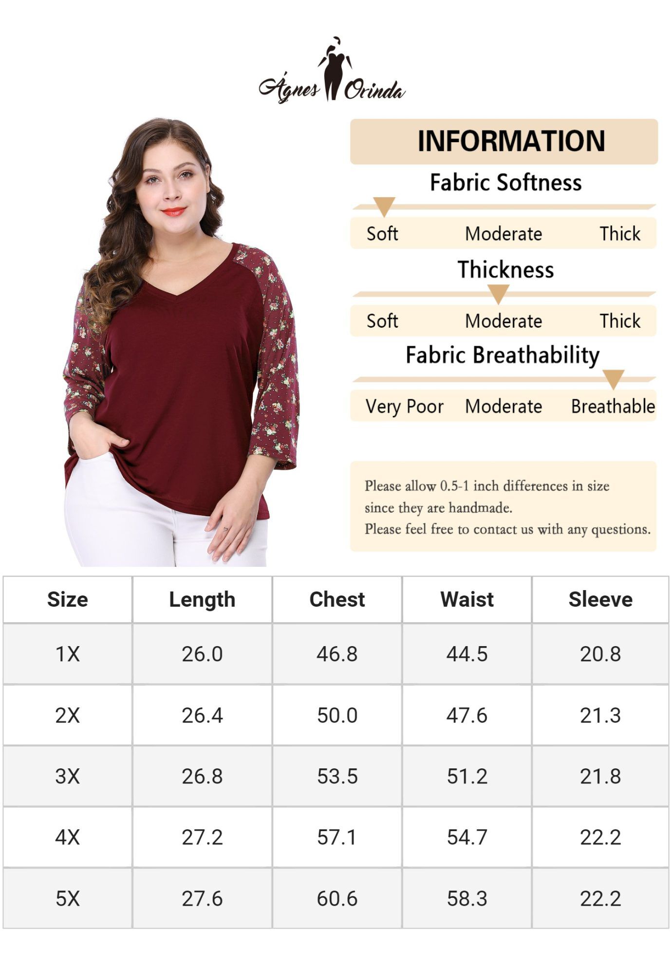 Casual V Neck 3/4 Sleeve Floral Raglan Top, Red / Red, alternate image number 1