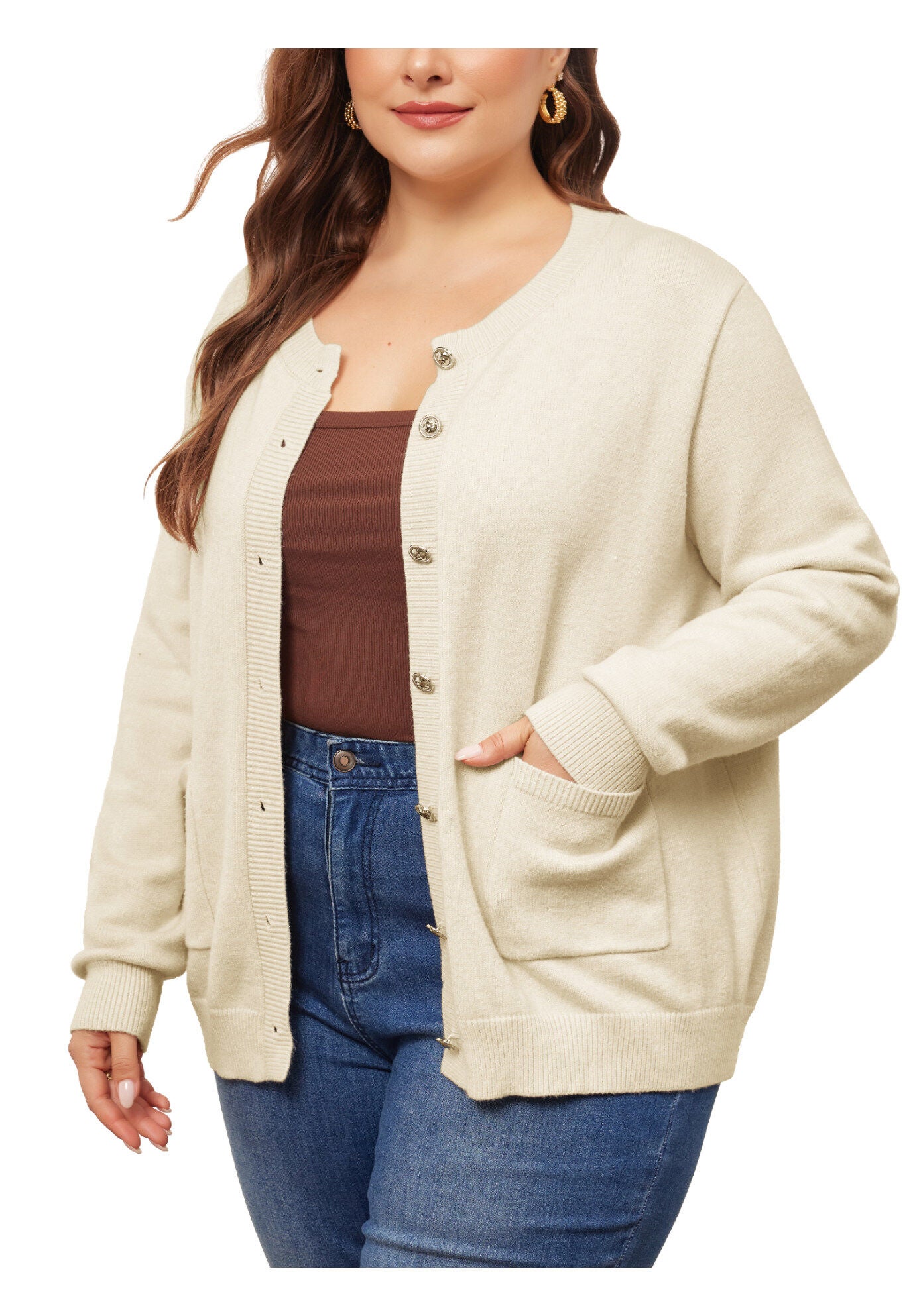 Button Down Crew Neck Sweater Knit Cardigan, Beige / Beige, alternate image number 3