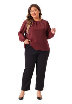 Crew Neck Pleated Work Office Long Sleeve Blouse