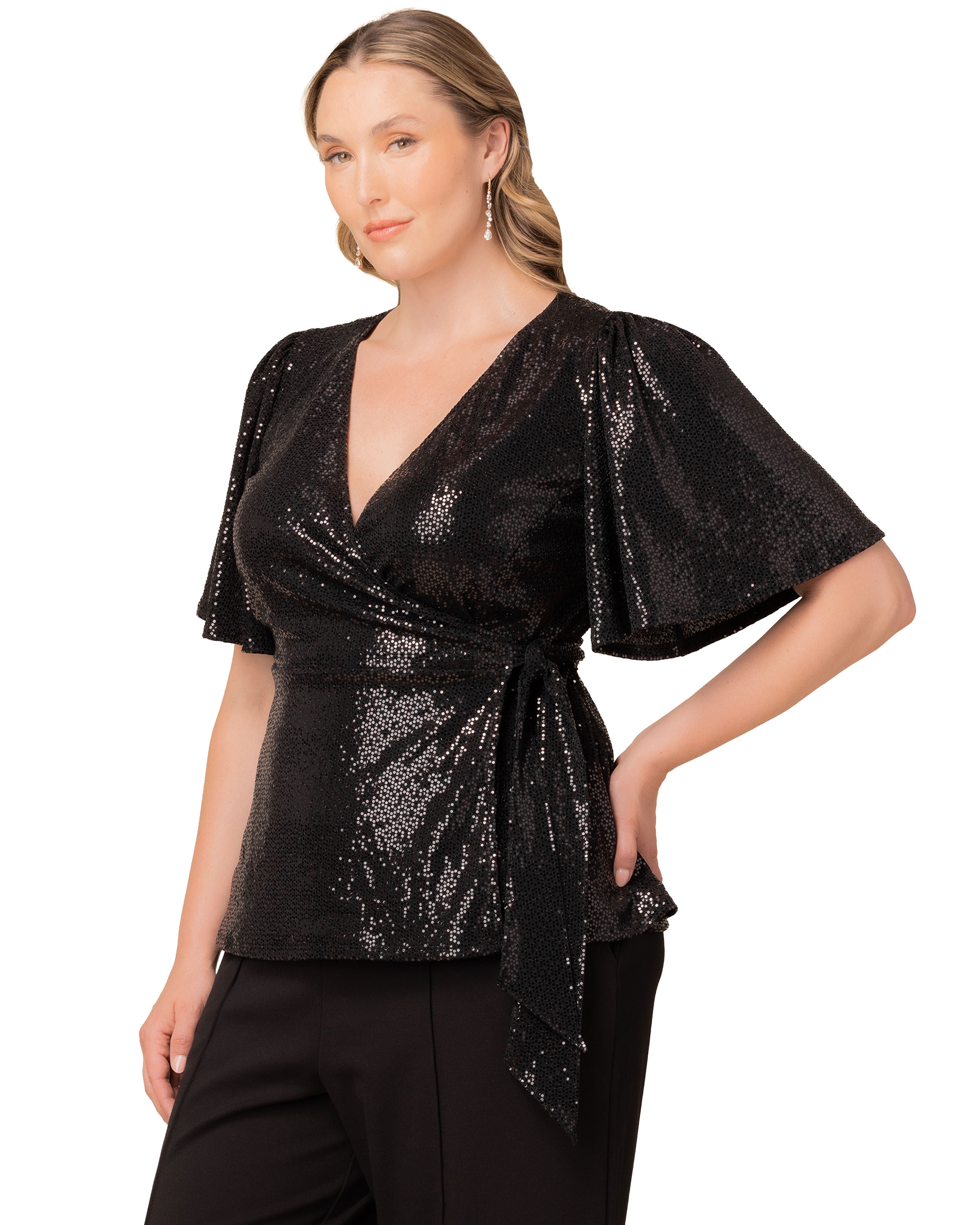 Shimmering Sequin Wrap Top, ONYX / Black, alternate image number 3