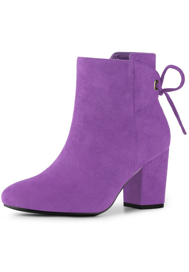 Round Toe Lace Up Back Chunky High Heels Ankle Boots, Purple / Purple, hi-res image number 0