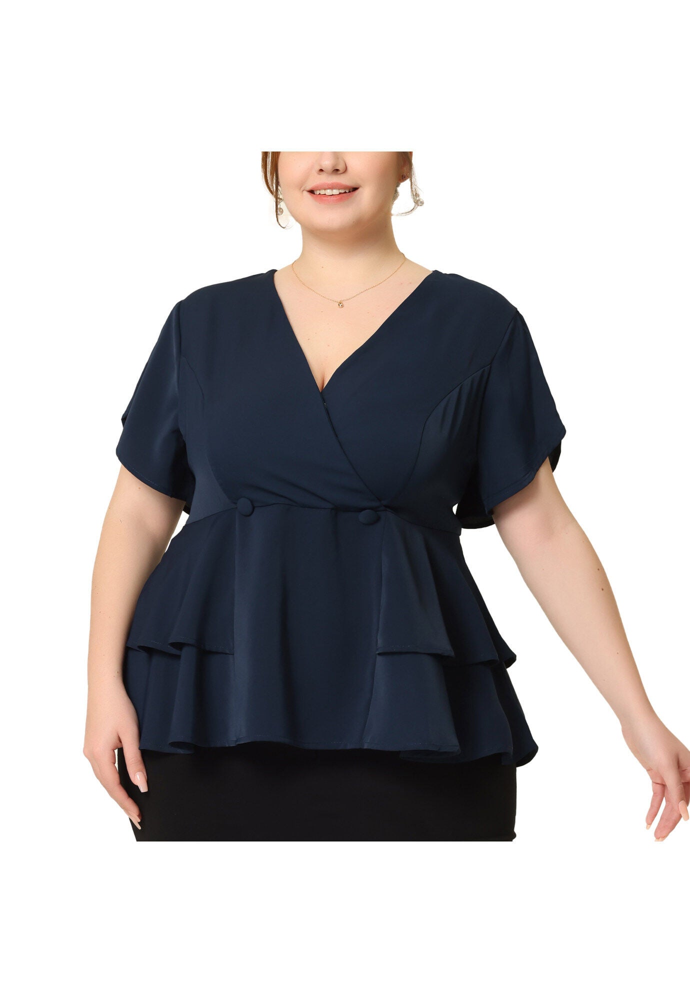 Work V Neck Ruffle Hem Buttons Front Peplum Top, Navy Blue / Navy, alternate image number 2