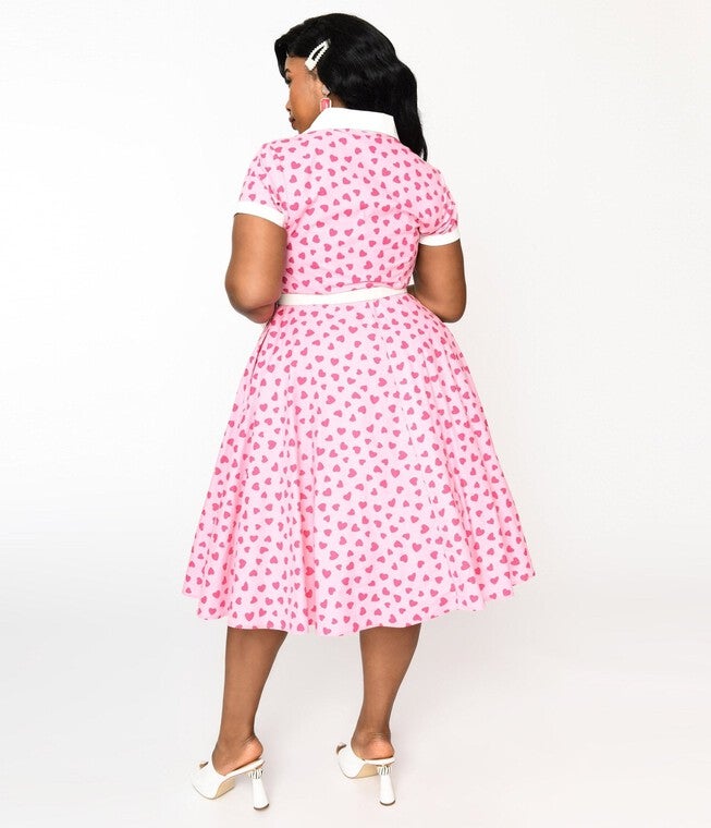 Unique Vintage Hot Pink Heart Alexis Swing Dress, Hot Pink Heart / Pink, alternate image number 1