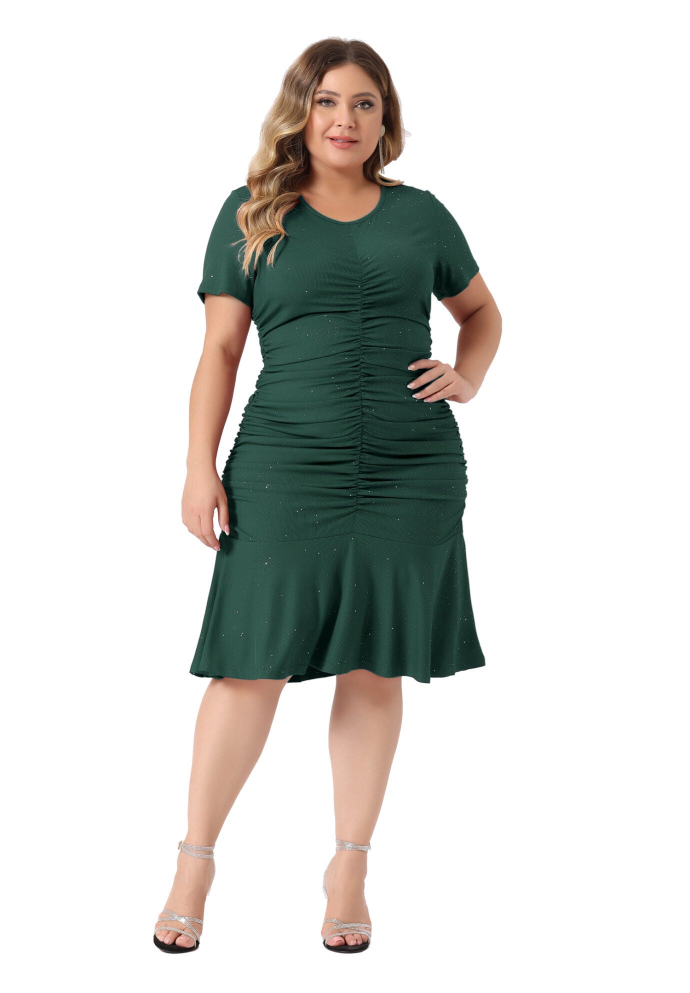 V Neck Short Sleeve Sequin Ruched Elegant Party Cocktail Dress, Dark Green / Forest Green, hi-res image number 0