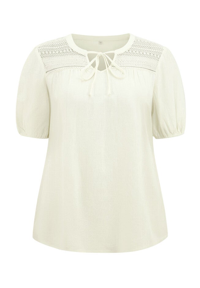 Lace Panel Tie Neck Top Half Puff Sleeve Blouse, White / White, alternate image number 3