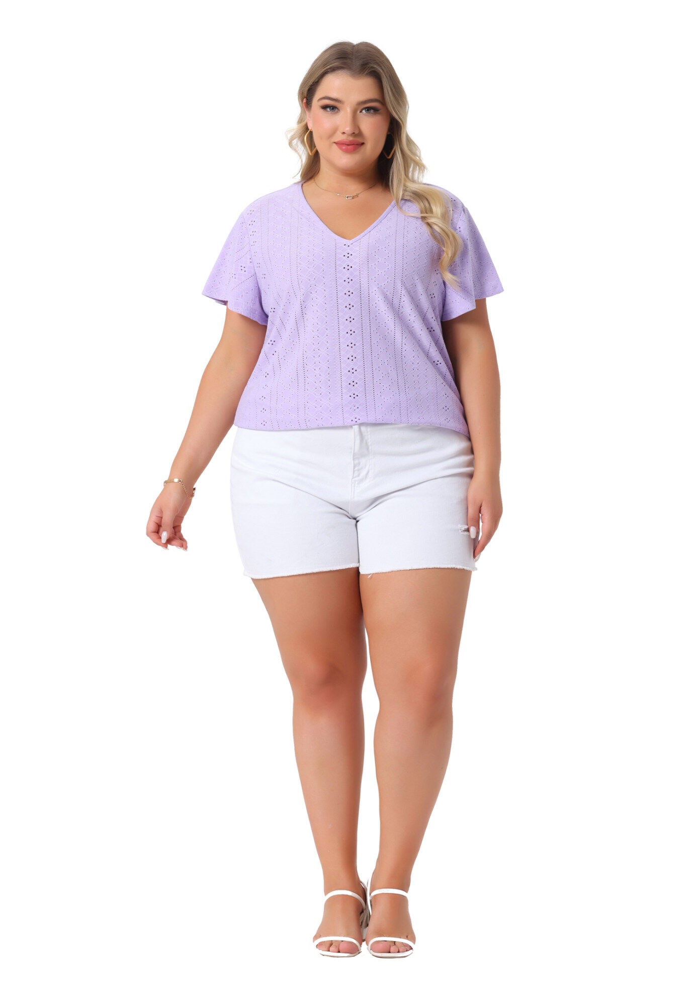 Summer Tee V Neck Hollow Flare Short Sleeve Casual Top Tunic, Light Purple / Purple, hi-res image number 0