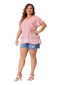 Short Sleeve Layered Casual Floral Blouse Summer Top